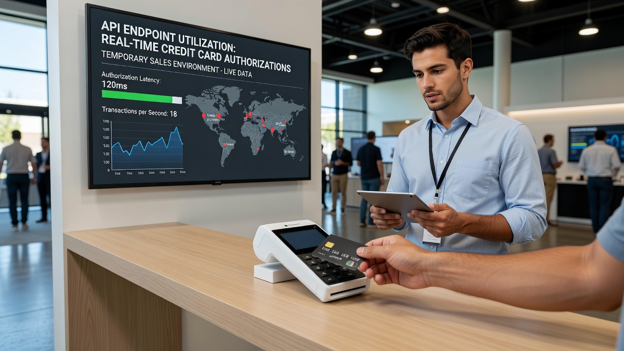 Close-up of API dashboard showing live credit card authorization metrics during a temporary market event