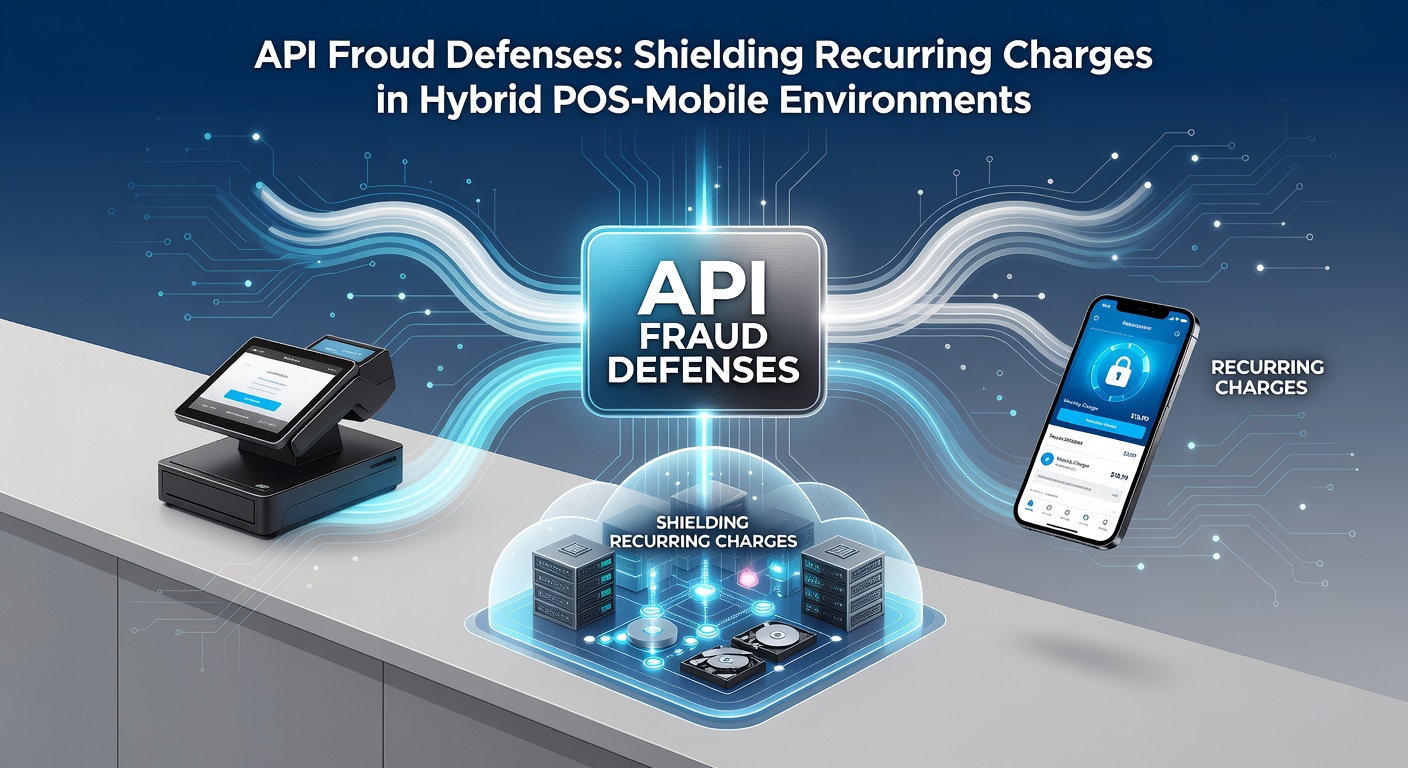 Illustration of a hybrid POS and mobile payment system with security layers protecting recurring transactions