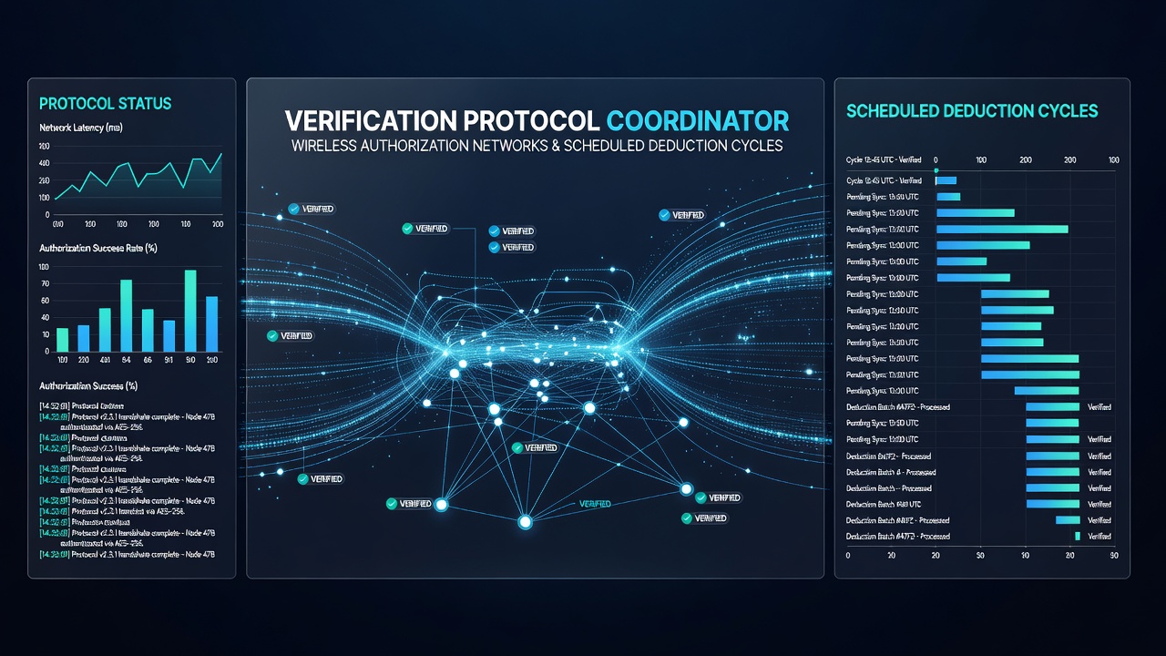 Wireless authorization networks coordinating verification protocols for scheduled deductions in digital marketplaces