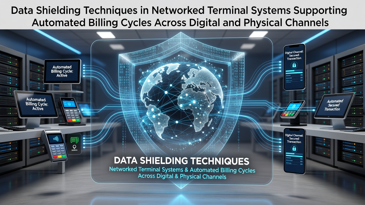 Networked terminal systems processing automated billing cycles with data shielding layers active across connected devices