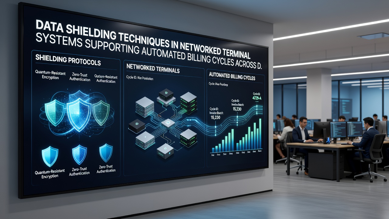 Data shielding architecture diagram showing encryption and tokenization protecting automated billing across physical terminals and digital interfaces