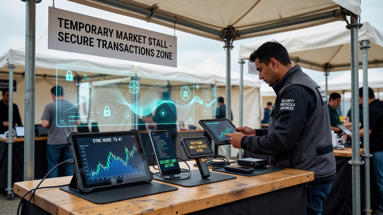 Temporary market stall with synchronized payment devices handling transactions under security protocols