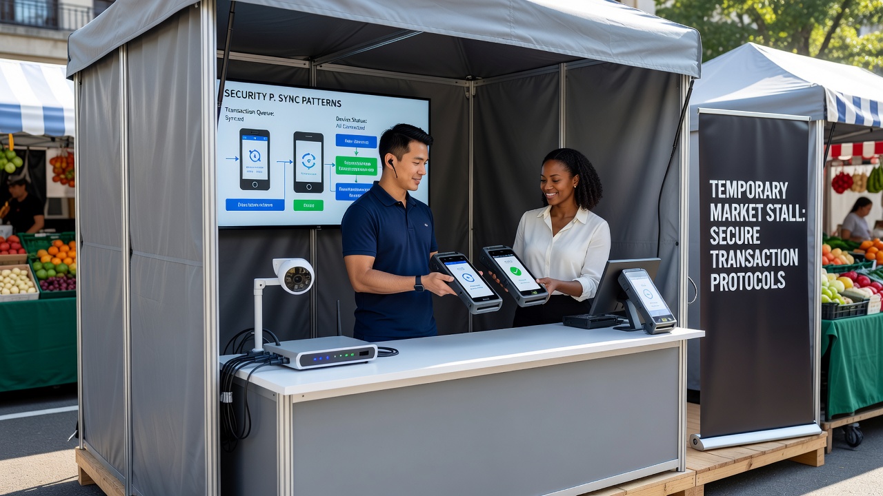 Close-up of synchronized handheld payment terminals at a market stall with security indicators active