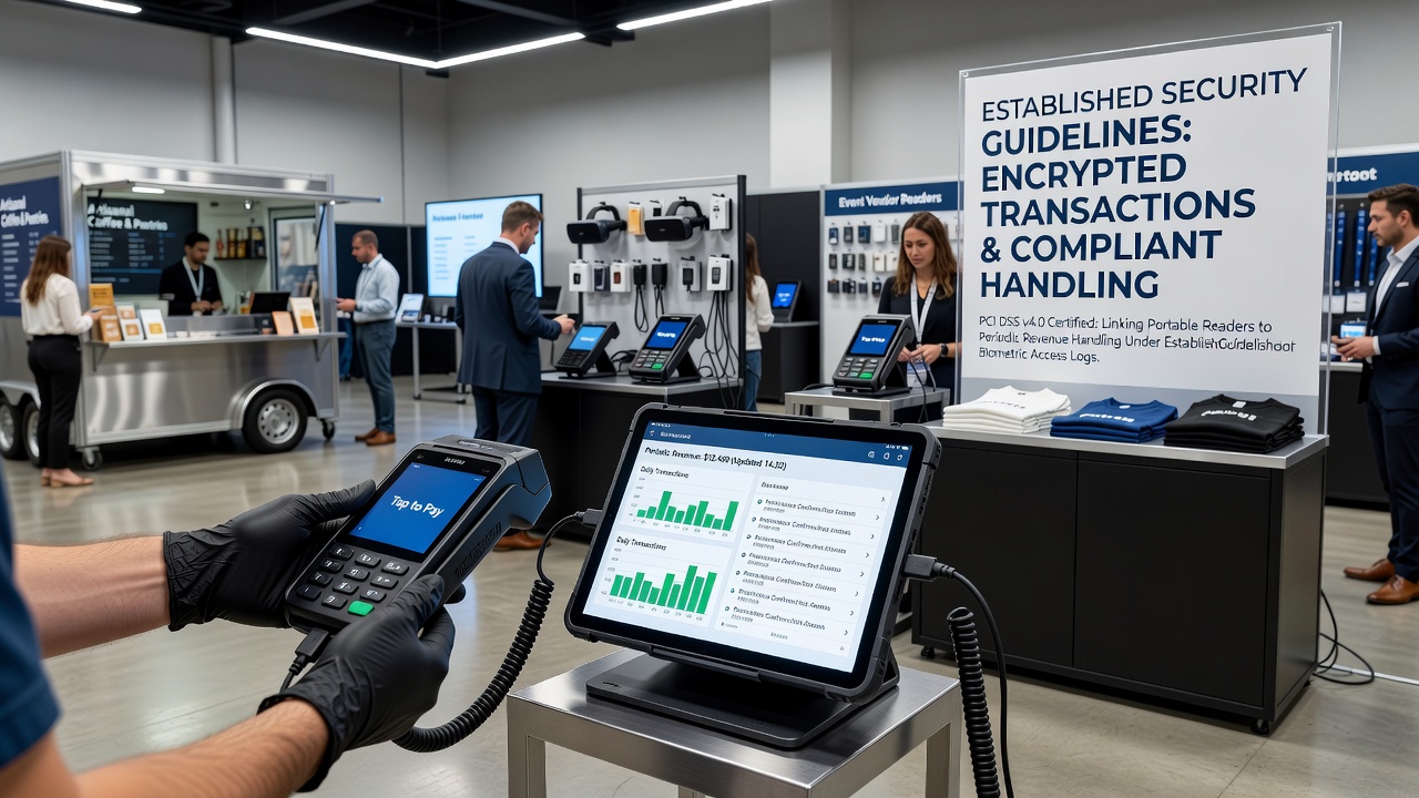 Portable card readers deployed at outdoor event vendor stalls connected to secure revenue systems