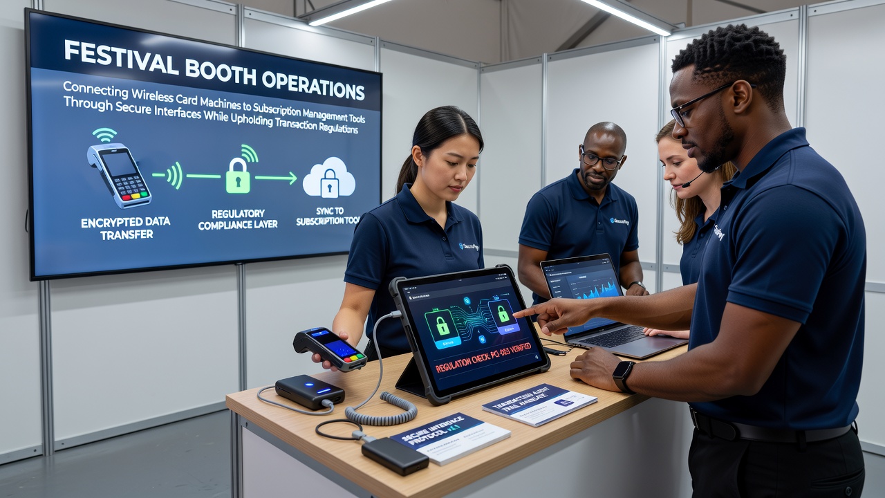 Festival booth setup showing wireless card machine connected to a tablet displaying subscription management dashboard at an outdoor event
