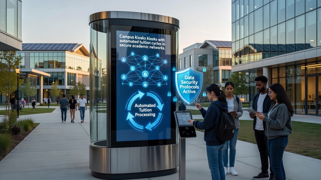Secure data flow diagram showing encrypted connections between campus kiosks and automated tuition processing servers