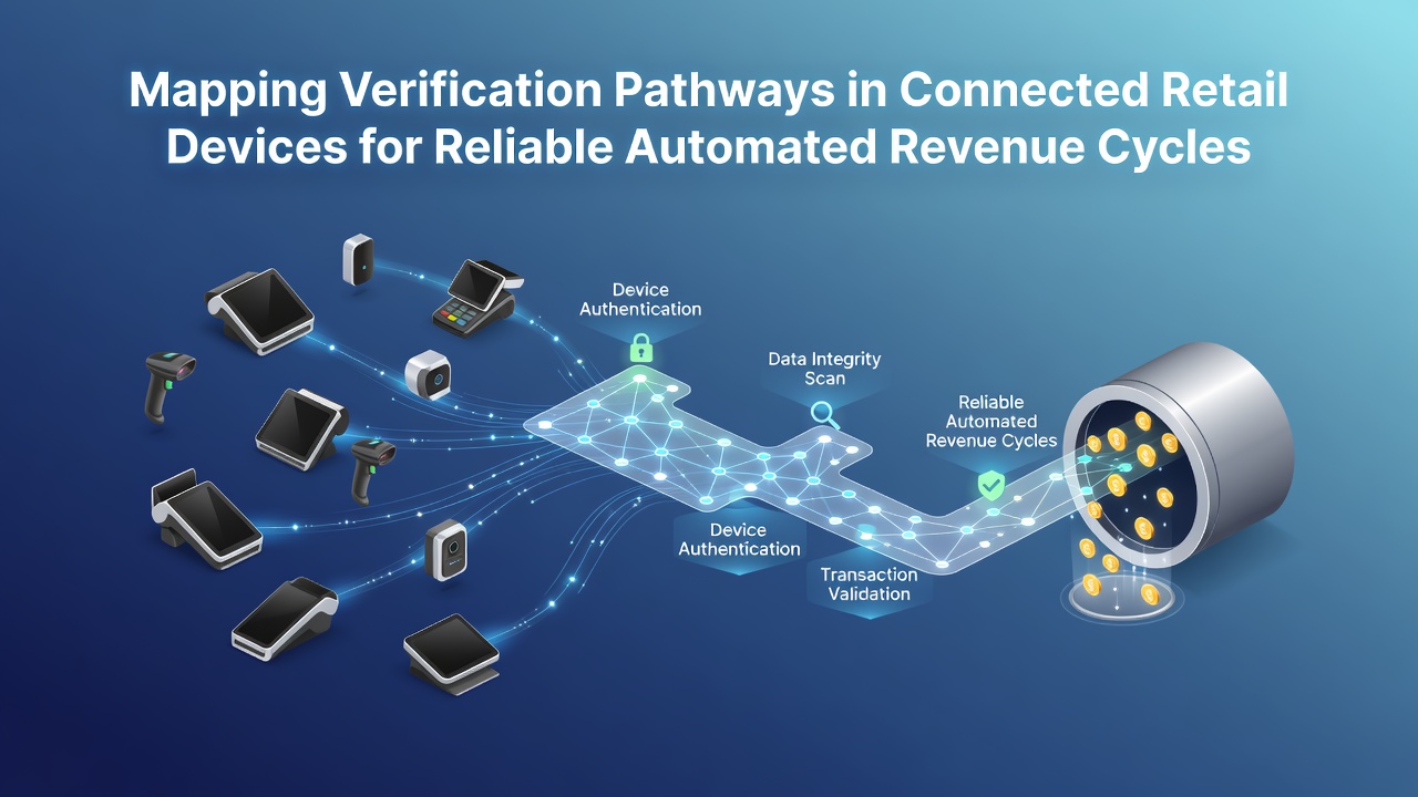 Diagram showing interconnected retail devices with verification pathways highlighted in a store network