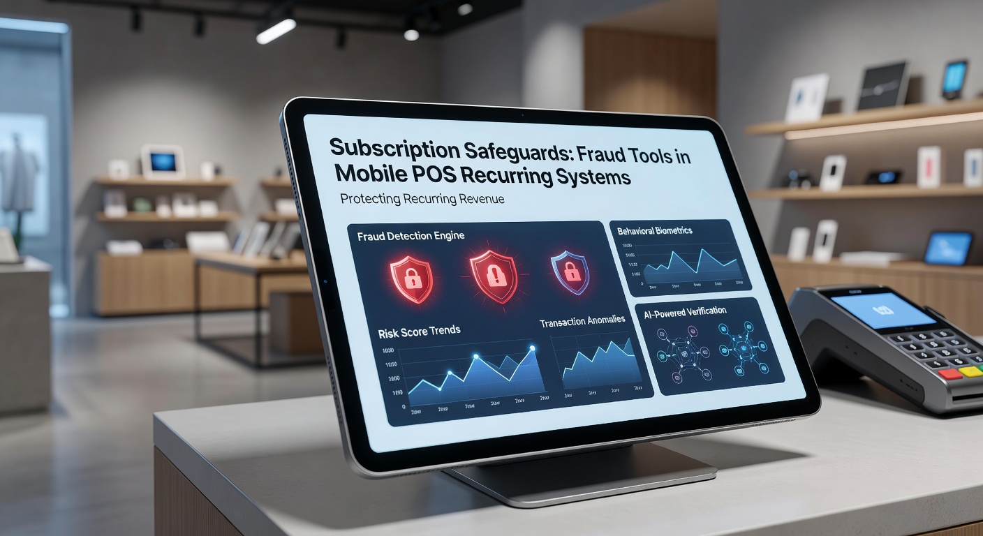 Illustration of a mobile POS terminal processing recurring subscription payments with security icons overlayed, highlighting fraud prevention layers