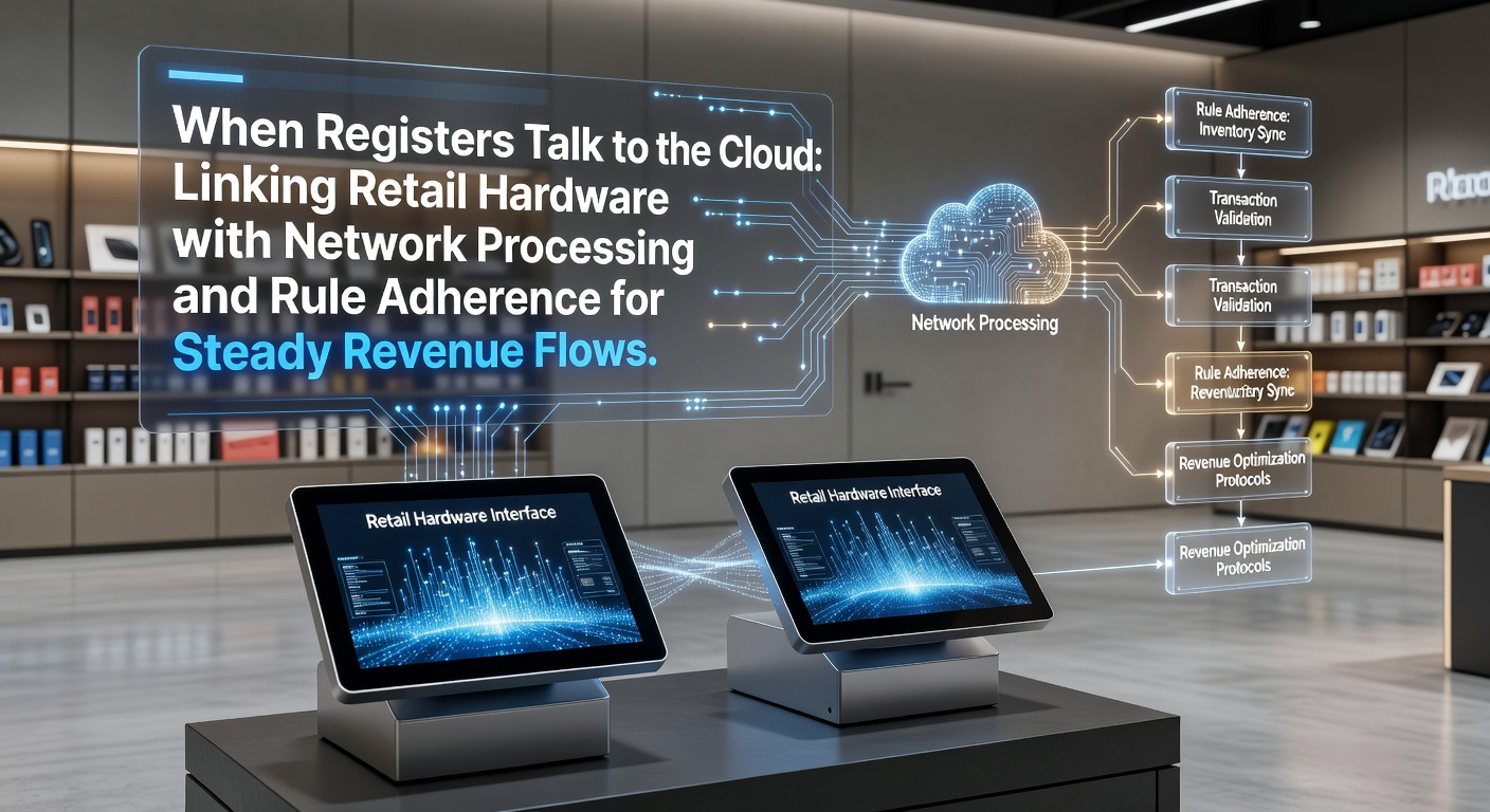 Retail point-of-sale terminal connected to cloud infrastructure showing data flow between hardware registers and network processing systems