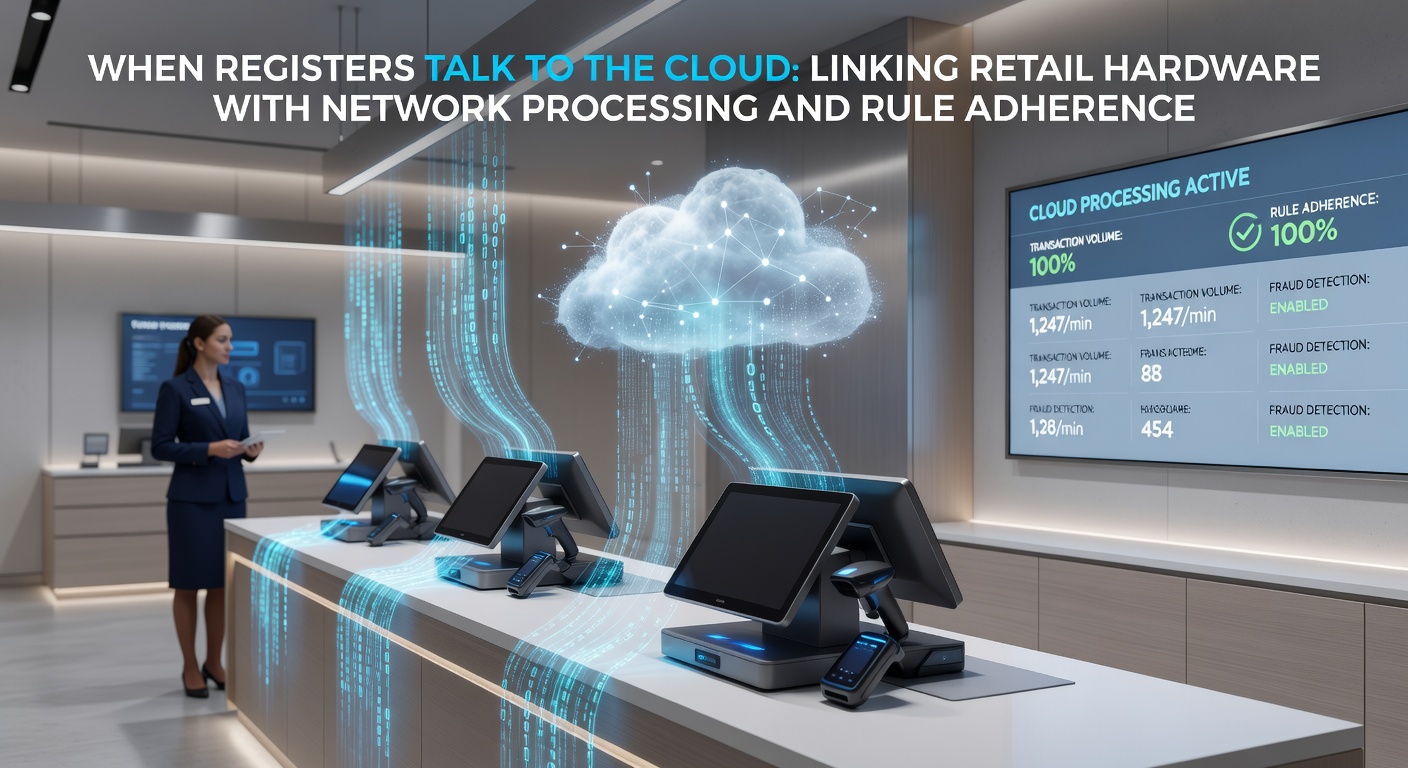 Cloud dashboard displaying retail transaction analytics with compliance indicators and revenue tracking metrics